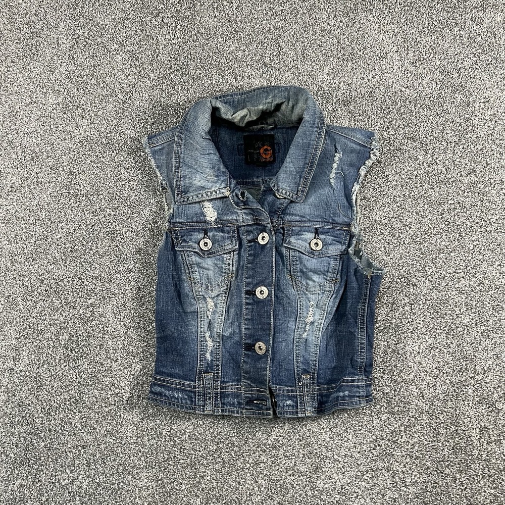 G by GUESS Women’s XS Distressed Denim Vest Blue Jean Jacket Y2K Fitted